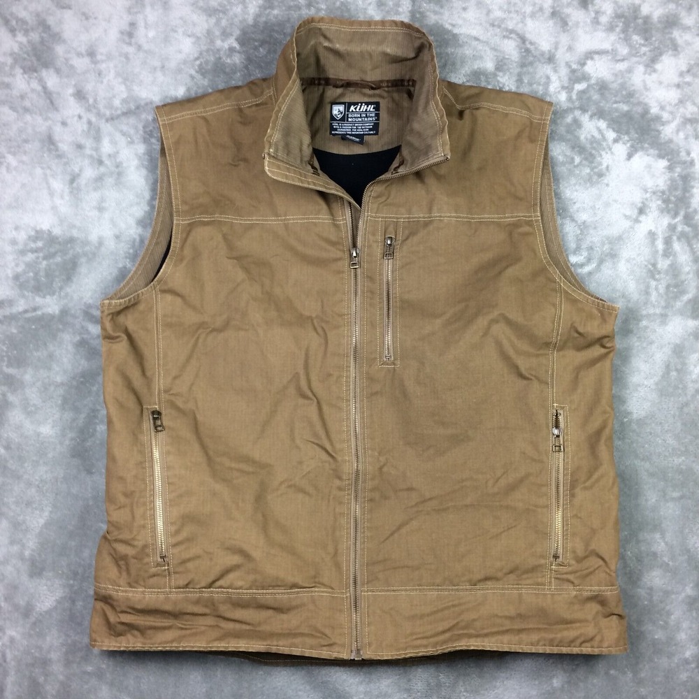 Kuhl Burr Vest Mens XXL Khaki Canvas Cotton Zip Pockets Full‎ Zip Outdoor